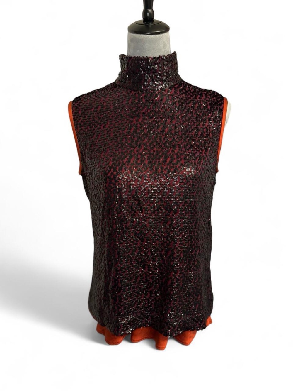 CÉLINE Vintage Metallic Sequin High Neck Sleeveless Top Silk Lined Rust Orange